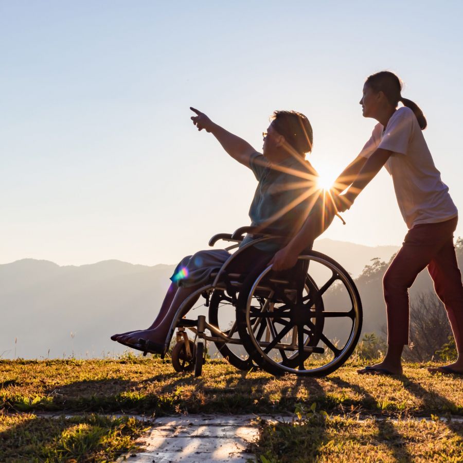 Disabled,Handicapped,Young,Man,In,Wheelchair,Walking,With,His,Care